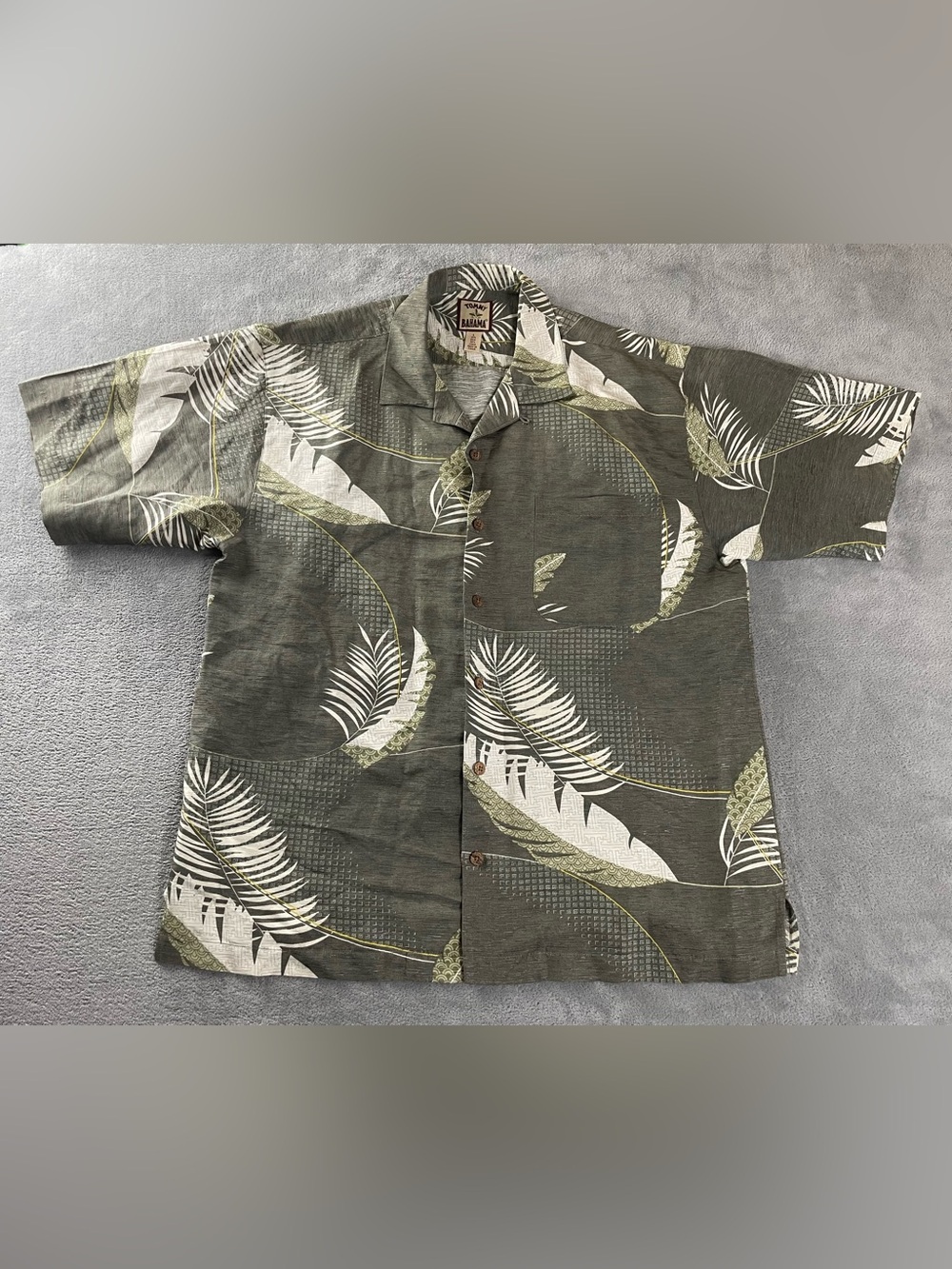 Vintage Tommy Bahama Shirt Mens Large Olive Silk Palms Hawaiian Aloha Button Up